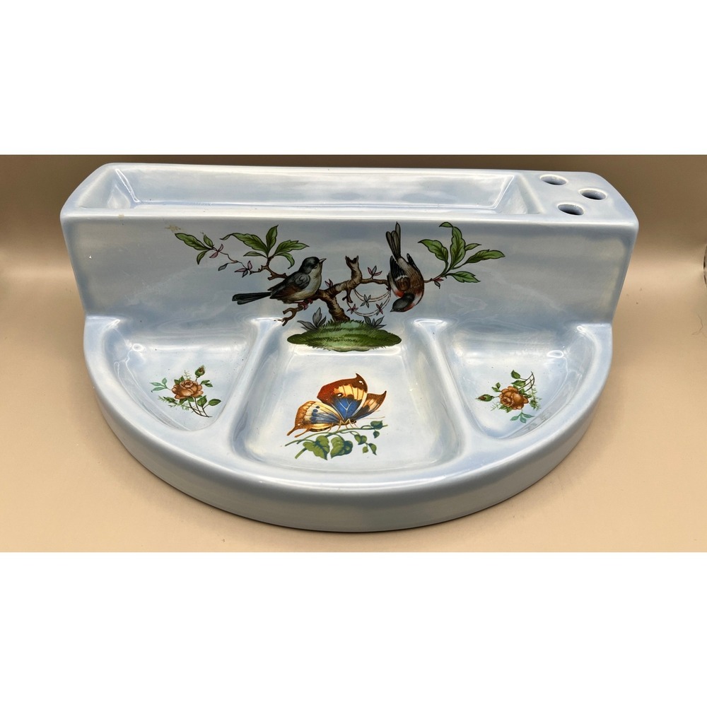 Vtg 1982 Vanity Dresser Makeup Ceramic Desk Organizer Birds Butterfly Blue Tray